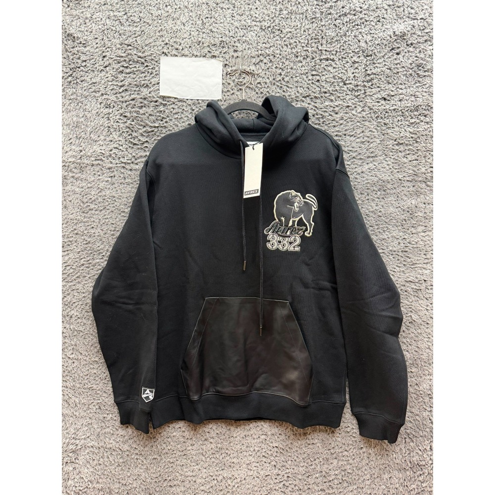 NWT Avirex 332 Black Aces Fleece Pullover Hoodie w/ Leather Pocket Mens Size M